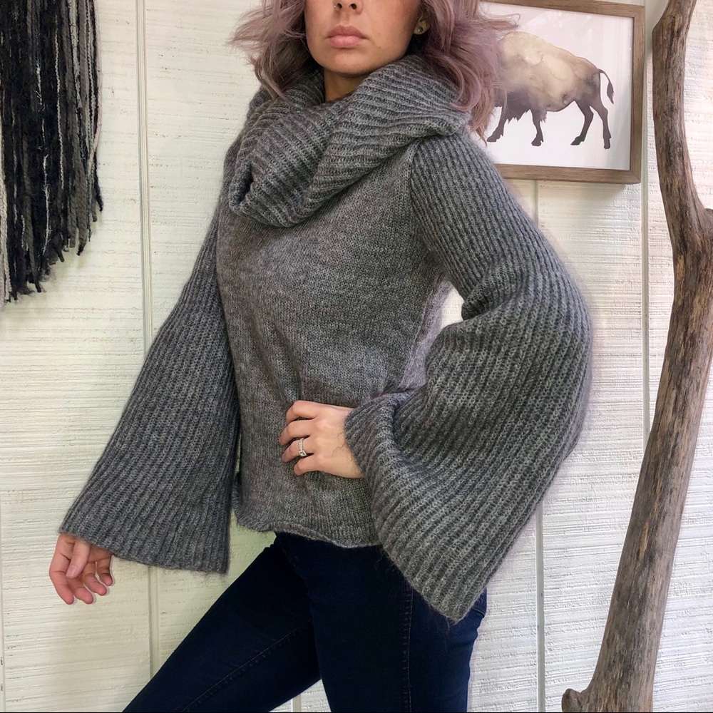 Zara bell sleeve cowl neck knit gray sweater